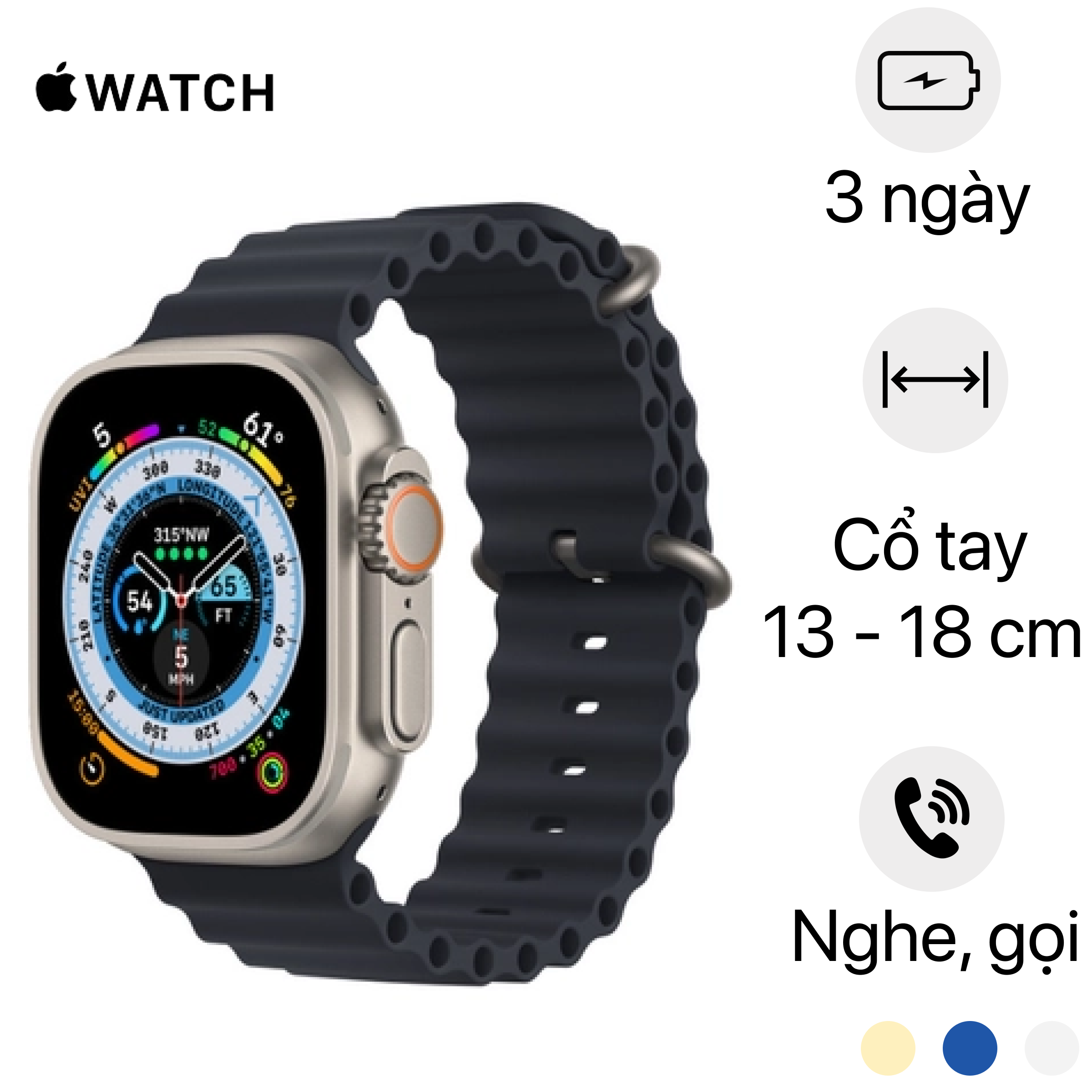 So sánh Apple Watch Ultra 49mm Viền Titan - Dây cao su | Chính