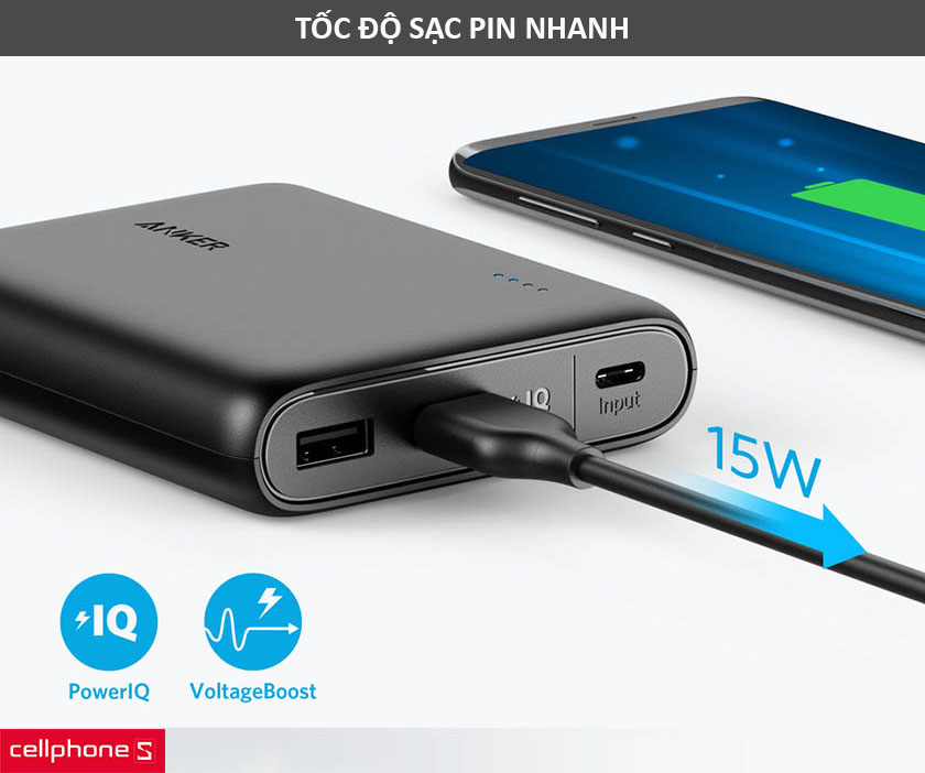 Pin dự phòng Anker Powercore 13000 mAh USB-C A1216 cung cấp tốc độ sạc nhanh với công suất 15W