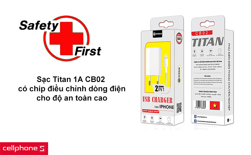 Sạc Titan 1A CB02 có chip thông minh bảo vệ nguồn và thiết bị trong quá trình sạc