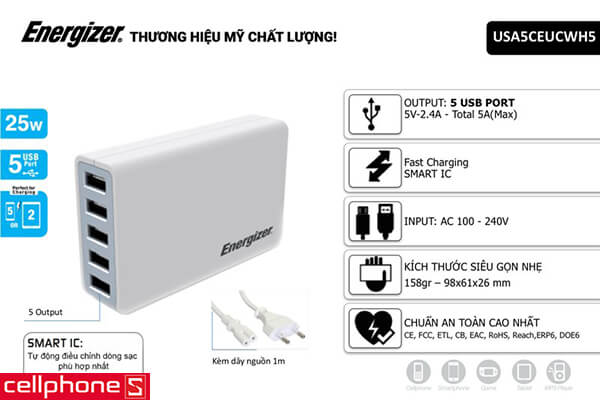 Sạc Energizer Classic Smart Multiport 5 USB Charger