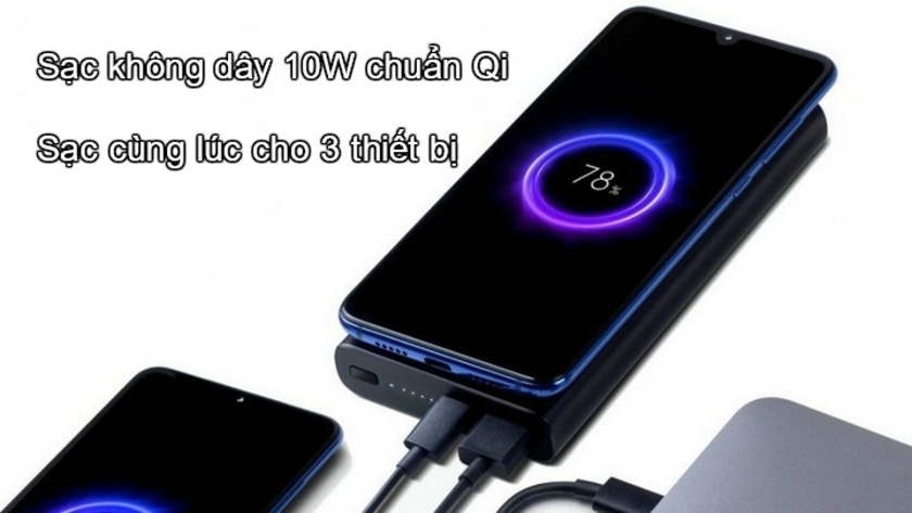 Dung lượng pin 10000 mAh và hỗ trợ sạc không dây