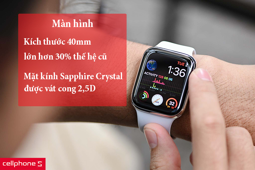 kích thước 40mm, lớn hơn 30% thế hệ cũ, mặt kính Sapphire Crystal được vát cong 2,5D
