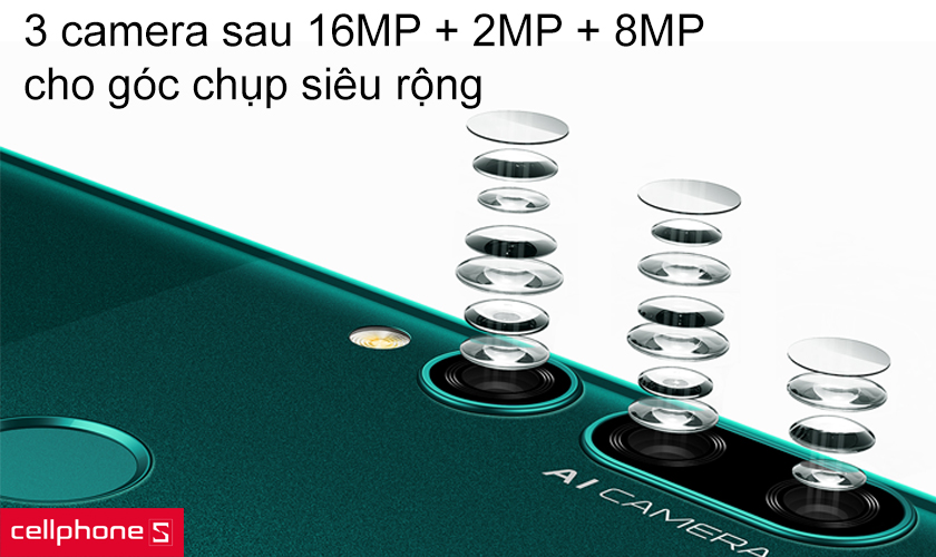 3 camera sau 16MP + 2MP + 8MP cho góc chụp siêu rộng