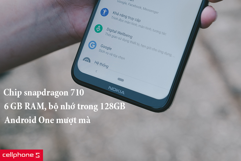 chip snapdragon 710, 6GB RAM, bộ nhớ trong 128GB, hệ điều hành Android One mượt mà