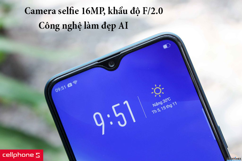 camera selfie 16MP, khẩu độ F/2.0, công nghệ làm đẹp AI