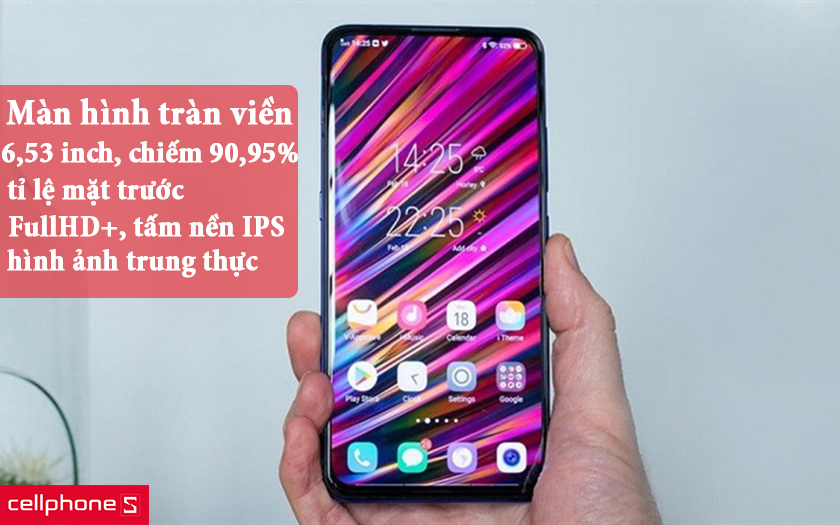 Vivo V15 có kích thước màn hình cực lớn 6,53 inch độ phân giải Full HD+ sắc nét, chiếm tới 90,95% diện tích mặt trước