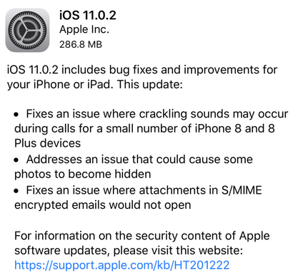Sforum - Trang thông tin công nghệ mới nhất iOS11.0.2 Apple phát hành iOS 11.0.2, sửa lỗi nghe gọi trên iPhone 8/8 Plus Sforum - Trang thông tin công nghệ mới nhất iOS11.0.2 Apple phát hành iOS 11.0.2, sửa lỗi nghe gọi trên iPhone 8/8 Plus