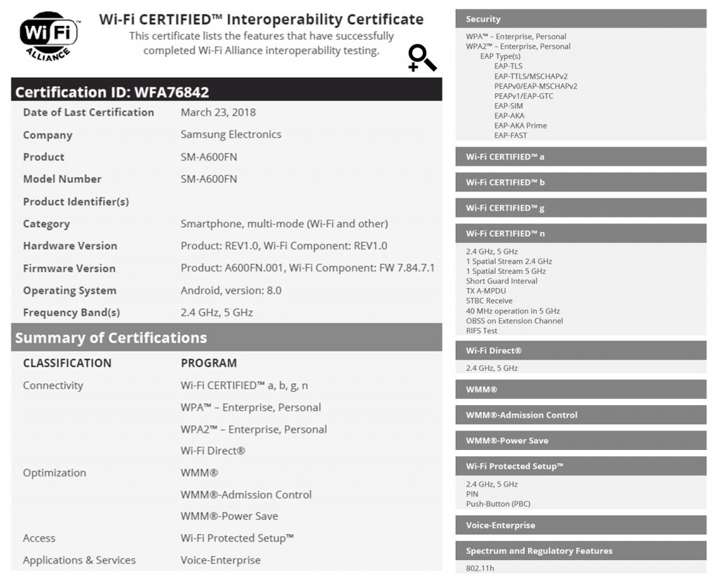 Sforum - Trang thông tin công nghệ mới nhất Galaxy-A6-2018-Wi-Fi-Certification Galaxy A6 chạy Android Oreo vừa đạt được chứng nhận của Wi-Fi Alliance Sforum - Trang thông tin công nghệ mới nhất Galaxy-A6-2018-Wi-Fi-Certification Galaxy A6 chạy Android Oreo vừa đạt được chứng nhận của Wi-Fi Alliance