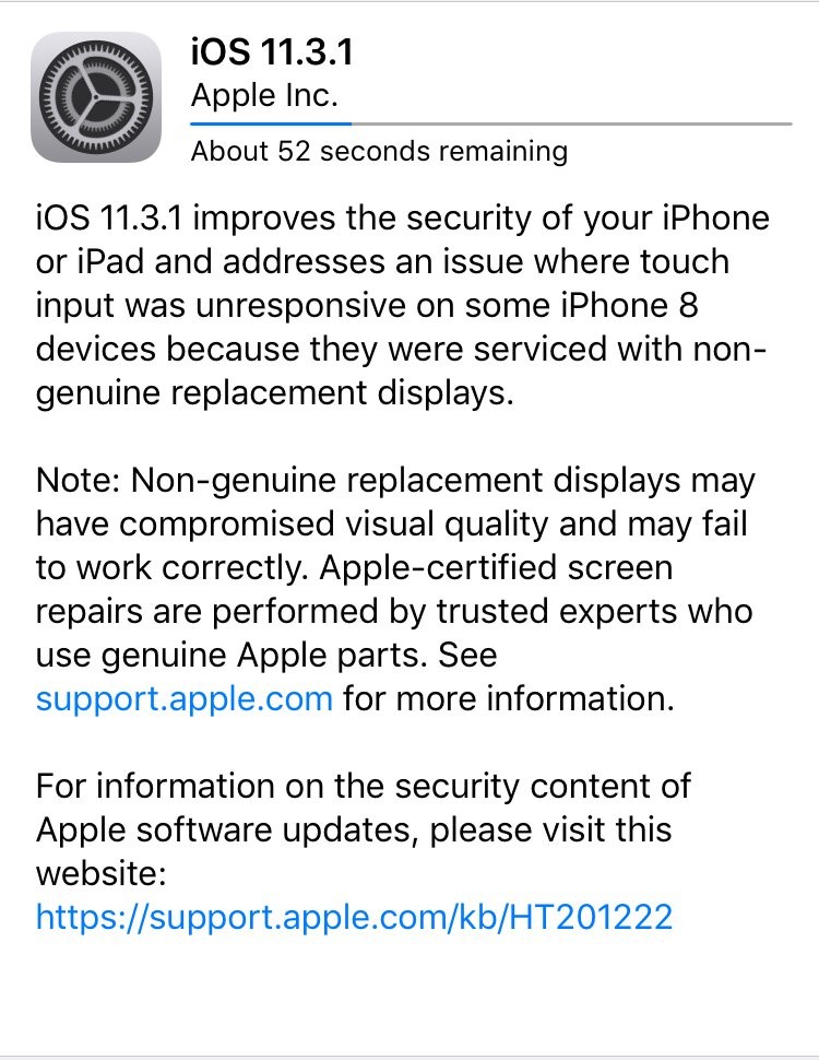 Các thay đổi trên iOS 11.3.1 bao gồm sửa lỗi màn hình trên iPhone 8 và nâng cao bảo mật