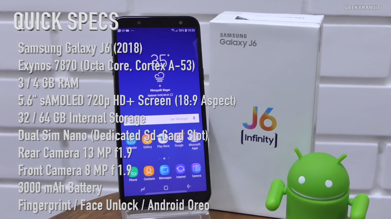 Galaxy J6 được trang bị con chip Exynos 7870 đi kèm 3/4GB RAM và 32/64GB bộ nhớ lưu trữ