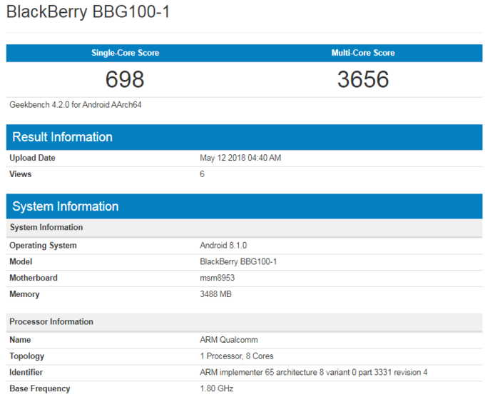 Điểm hiệu năng của thiết bị được cho là BlackBerry KEY2 Lite lộ diện trên Geekbench