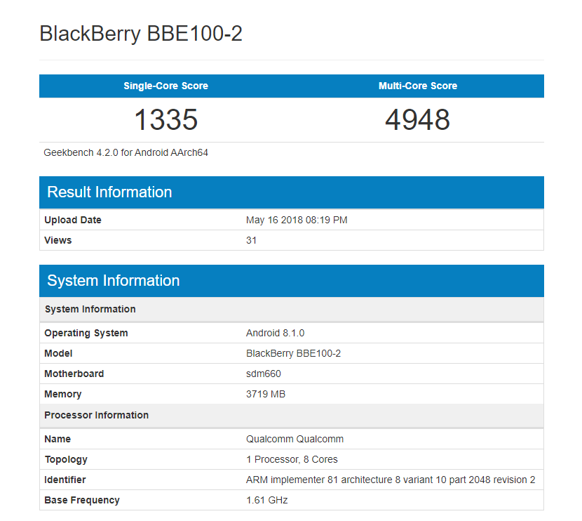 Sforum - Trang thông tin công nghệ mới nhất Blackberry-BBE100-2-Geekbench Hai thiết bị mới của BlackBerry lộ điểm trên GeekBench, chạy Snapdragon 660 Sforum - Trang thông tin công nghệ mới nhất Blackberry-BBE100-2-Geekbench Hai thiết bị mới của BlackBerry lộ điểm trên GeekBench, chạy Snapdragon 660