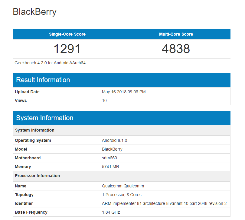 Sforum - Trang thông tin công nghệ mới nhất Blackberry-Geekbench Hai thiết bị mới của BlackBerry lộ điểm trên GeekBench, chạy Snapdragon 660 Sforum - Trang thông tin công nghệ mới nhất Blackberry-Geekbench Hai thiết bị mới của BlackBerry lộ điểm trên GeekBench, chạy Snapdragon 660