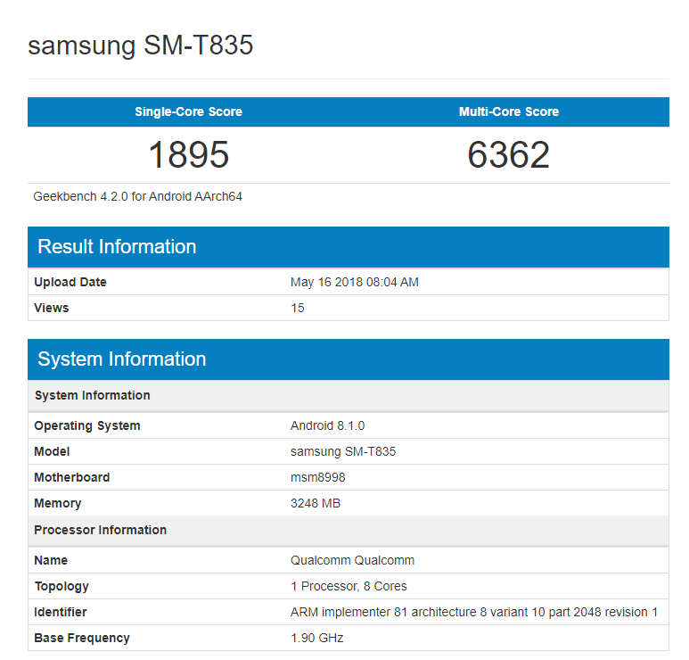 Galaxy Tab S4 lộ diện trên Geekbench với chip Snapdragon 835 và 4GB RAM