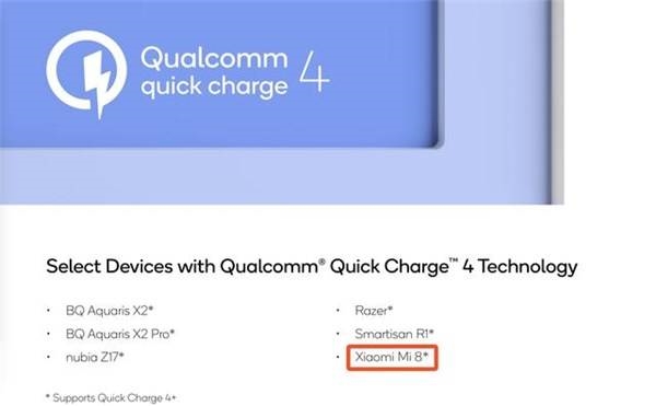 Hình ảnh rò rỉ danh sách hỗ trợ Quick Charge 4+ có tên của Xiaomi Mi 8