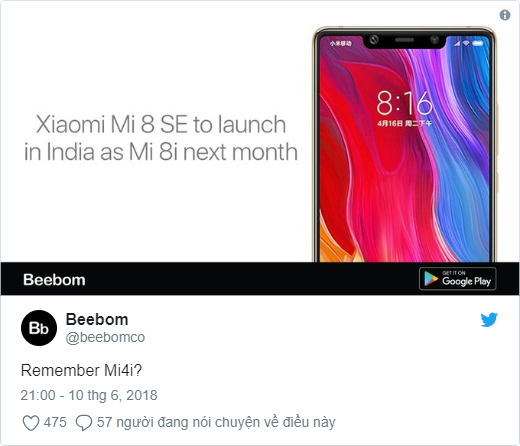 Sforum - Trang thông tin công nghệ mới nhất Mi-8i Xiaomi Mi 8 SE sẽ được ra mắt tại Ấn Độ vào tháng 7 năm nay, với tên gọi là Mi 8i Sforum - Trang thông tin công nghệ mới nhất Mi-8i Xiaomi Mi 8 SE sẽ được ra mắt tại Ấn Độ vào tháng 7 năm nay, với tên gọi là Mi 8i