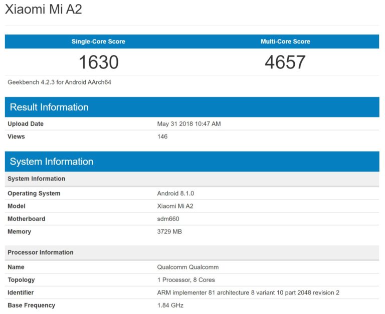 Xiaomi Mi A2 lộ điểm hiệu năng trên Geekbench