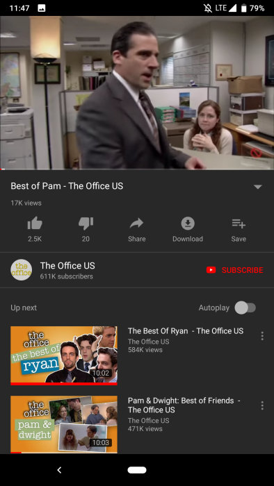 Giao diện ban đêm với nền tối cho ứng dụng YouTube Android