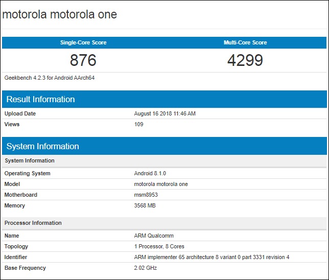 Sforum - Trang thông tin công nghệ mới nhất motorola-one Motorola One lộ điểm Geekbench, xác nhận chạy Snapdragon 625 Sforum - Trang thông tin công nghệ mới nhất motorola-one Motorola One lộ điểm Geekbench, xác nhận chạy Snapdragon 625