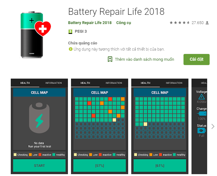 Ứng dụng kiểm tra độ chai pin AndroidBattery Repair Life