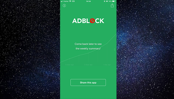 Ứng dụng Adblock Mobile được kích hoạt
