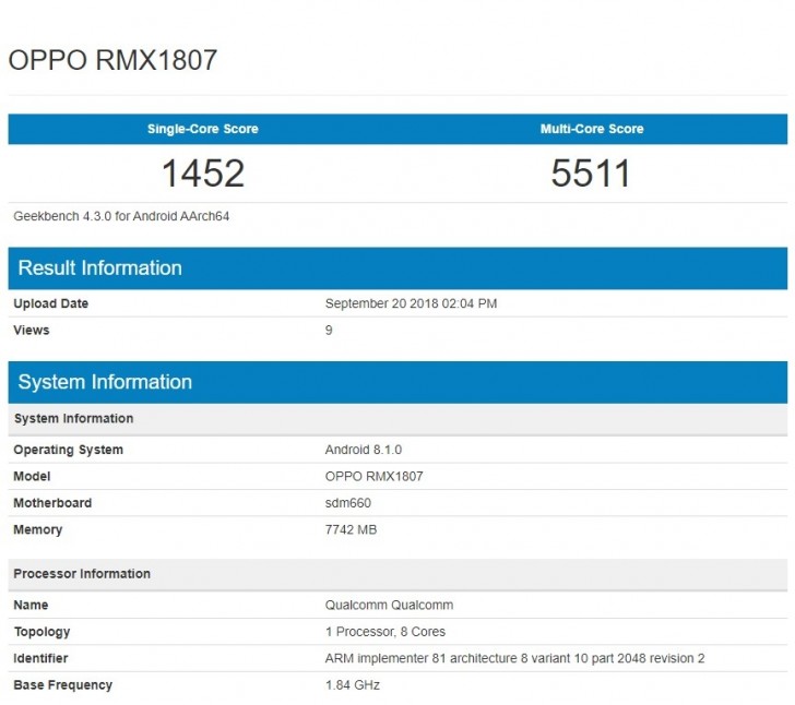 Sforum - Trang thông tin công nghệ mới nhất Oppo-Realme-2-Pro-Geekbench-listing Realme 2 Pro lộ diện trên Geekbench: Snapdragon 660, RAM 8GB Sforum - Trang thông tin công nghệ mới nhất Oppo-Realme-2-Pro-Geekbench-listing Realme 2 Pro lộ diện trên Geekbench: Snapdragon 660, RAM 8GB