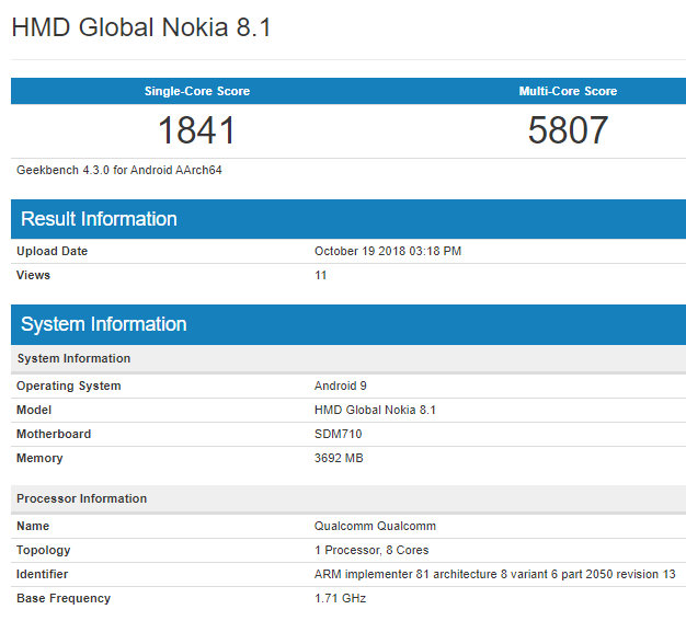 Điểm hiệu năng của Nokia 8.1