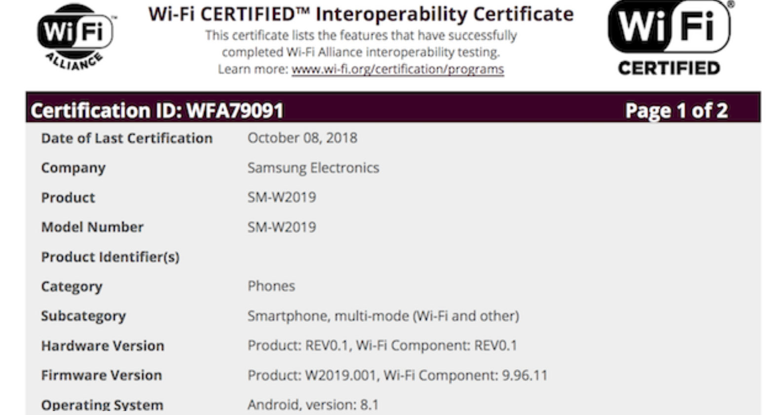 Chiếc Samsung nắp gập W2019 được chứng nhận sẽ chạy Android Oreo thay vì Android Pie mới nhất