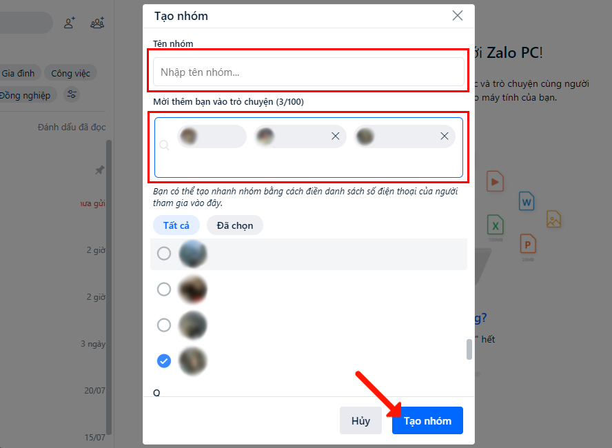 Cách tạo nhóm chat Zalo web - Bước 2
