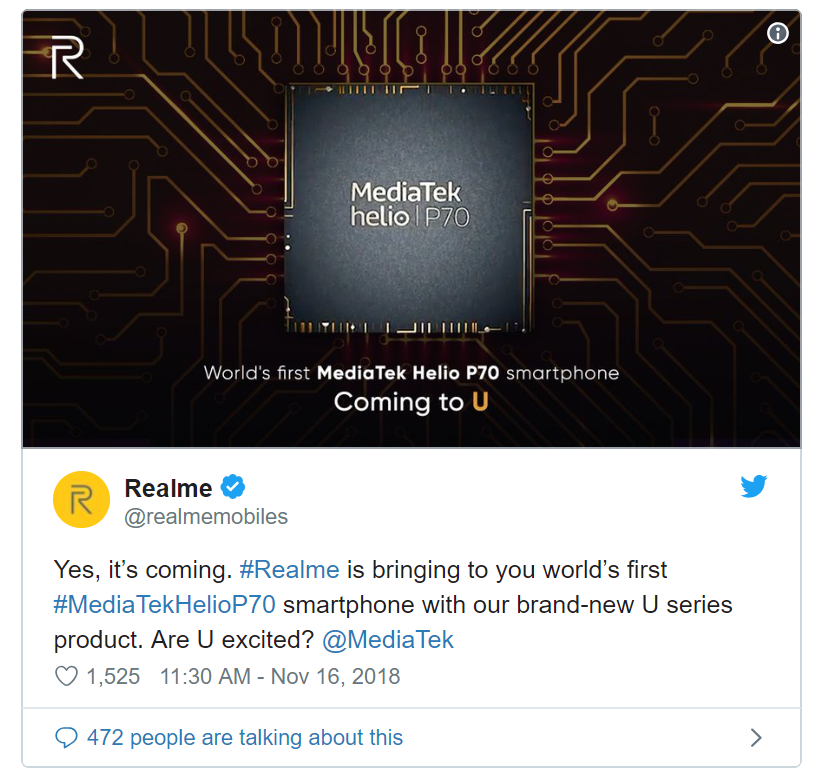Realme chính thức xác nhận Realme U sẽ chạy chip MediaTek Helio P70