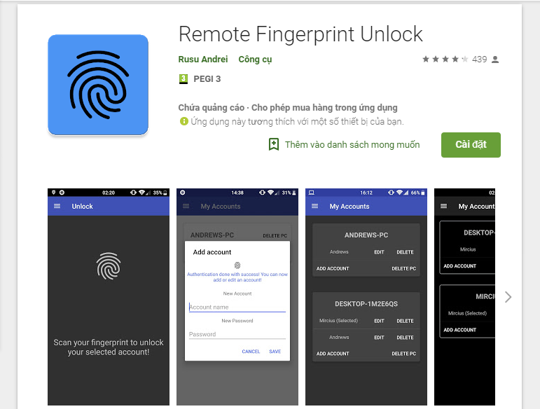 Cài đặt ứng dụngRemote Fingerprint Unlockcho thiết bị Android.