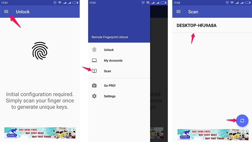 Mở ứng dụngRemote Fingerprint Unlocktrên Android.