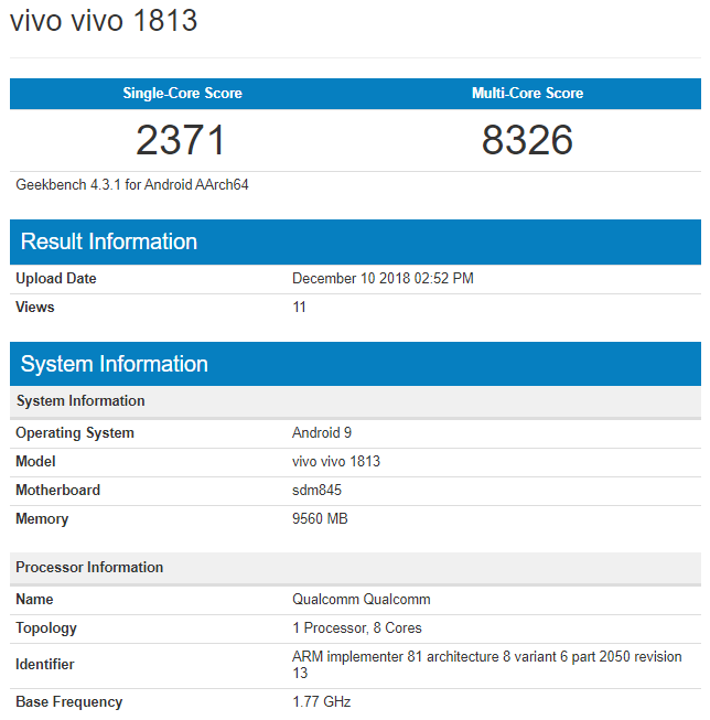 Chiếc máy Vivo bí ẩn xuất hiện trên Geekbench với Snapdragon 845 và 10GB RAM, có thể là Vivo Z3 Pro