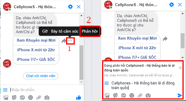 Phản hồi tin nhắn khi sử dụng khung chat nhỏ.