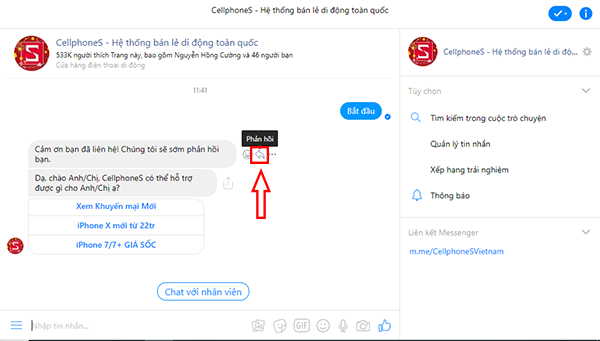 Phản hồi tin nhắn khi mở bằng messenger trên trình duyệt máy tính.