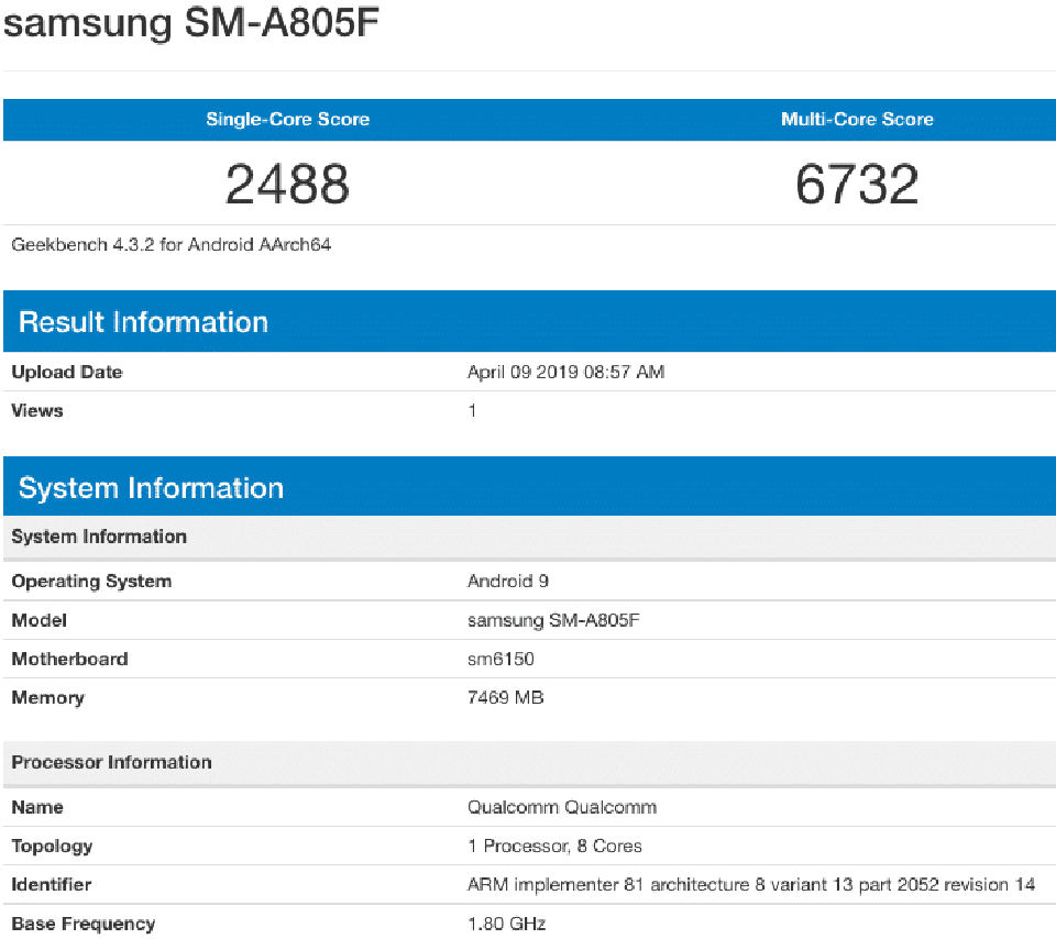 Sforum - Trang thông tin công nghệ mới nhất Galaxy-A80-Geekbench Galaxy A80 lộ cấu hình trên Geekbench với chip Snapdragon 675, RAM 8GB và chạy Android 9 Pie Sforum - Trang thông tin công nghệ mới nhất Galaxy-A80-Geekbench Galaxy A80 lộ cấu hình trên Geekbench với chip Snapdragon 675, RAM 8GB và chạy Android 9 Pie