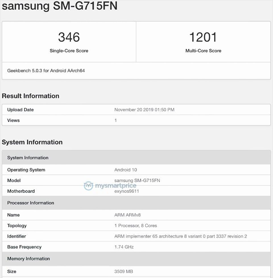 Sforum - Trang thông tin công nghệ mới nhất Samsung-SM-G715FN Smartphone Samsung SM-G715FN bí ẩn vừa xuất hiện trên Geekbench, chạy Android 10  