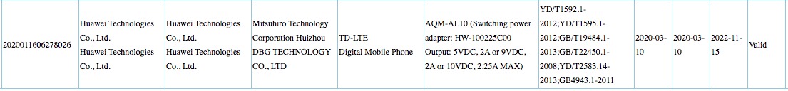 Sforum - Trang thông tin công nghệ mới nhất huawei-AQM-AL10-charging Một smartphone Huawei hỗ trợ sạc nhanh 22.5W, 4 camera 48MP vừa đạt chứng nhận TENAA 
