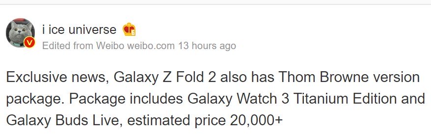 Sforum - Trang thông tin công nghệ mới nhất photo-1-1596119186576539667069 Galaxy Z Fold 2 sẽ có thêm phiên bản Thom Browne, tặng kèm Galaxy Watch 3 và Galaxy Buds Live, giá 2800 USD 