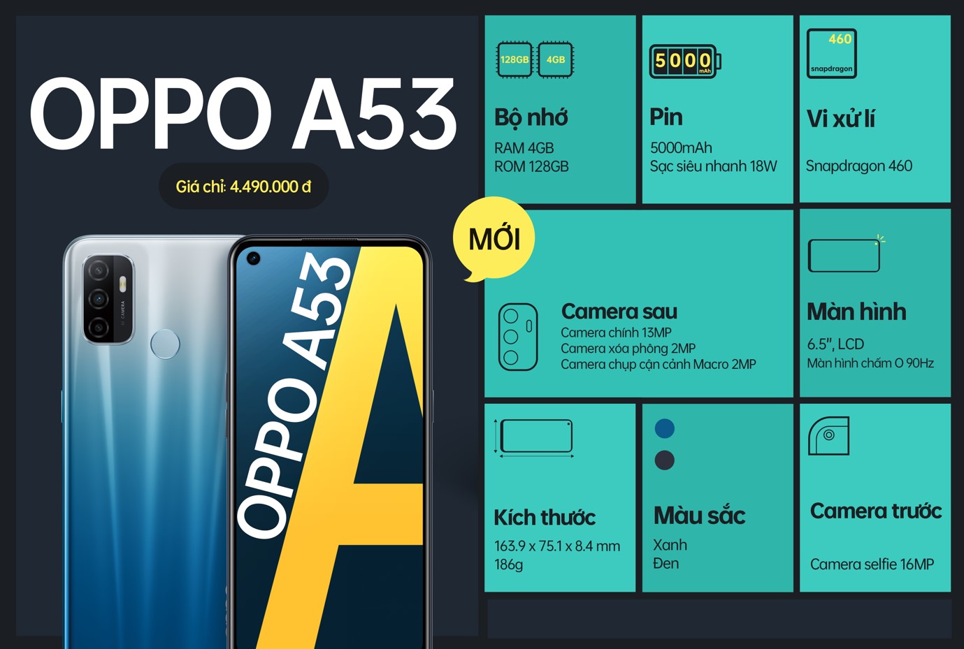 OPPO A53 chính thức ra mắt tại Việt Nam: Màn hình chấm O phong cách, dung lượng pin cực lớn 5000mAh