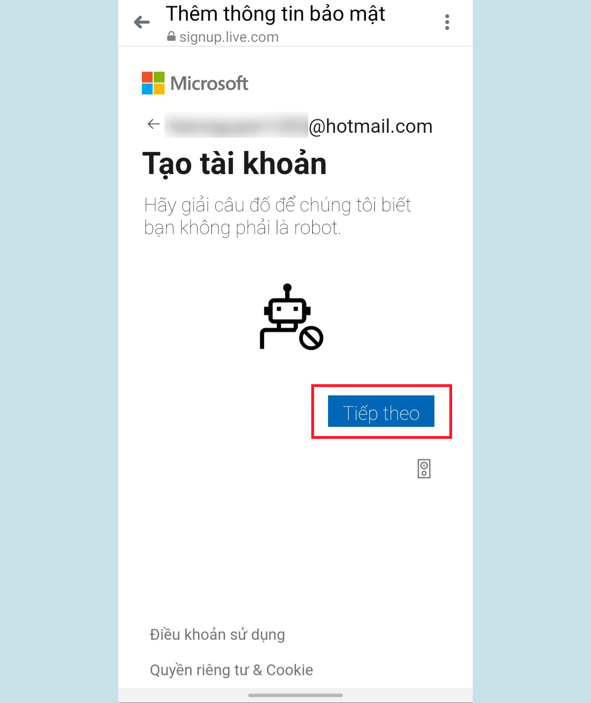 quá trình đăng ký tài khoản hotmail thành công