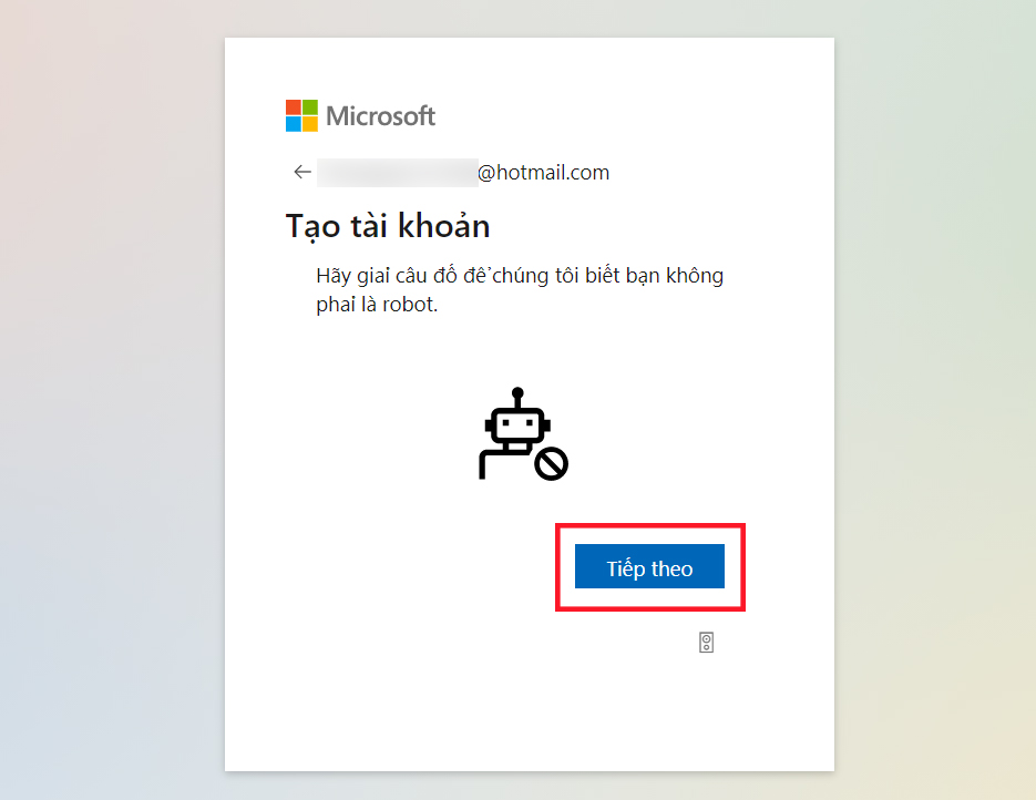 Chọn tiếp theo để đăng ký hotmail thành công