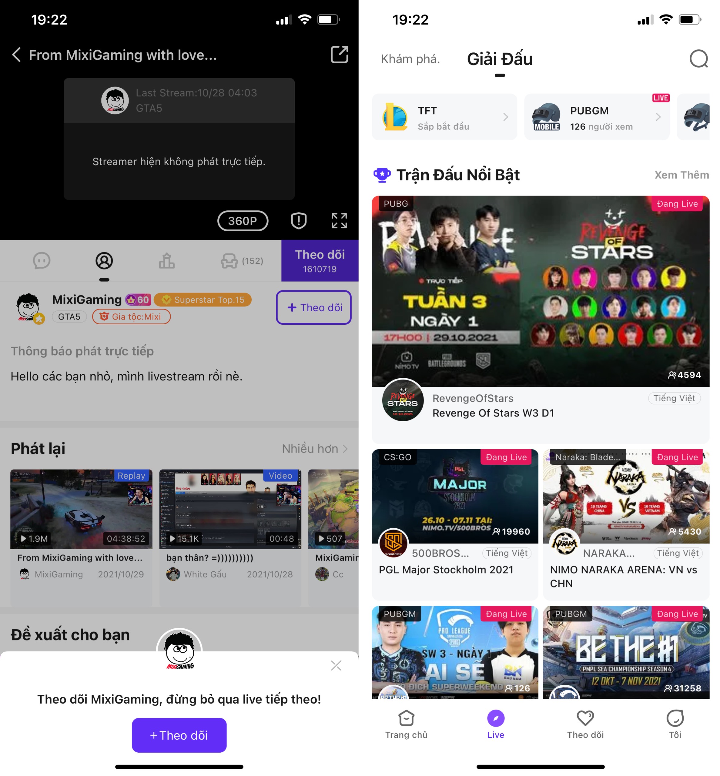 theo dõi streamer, giải đấu với Nimo tv