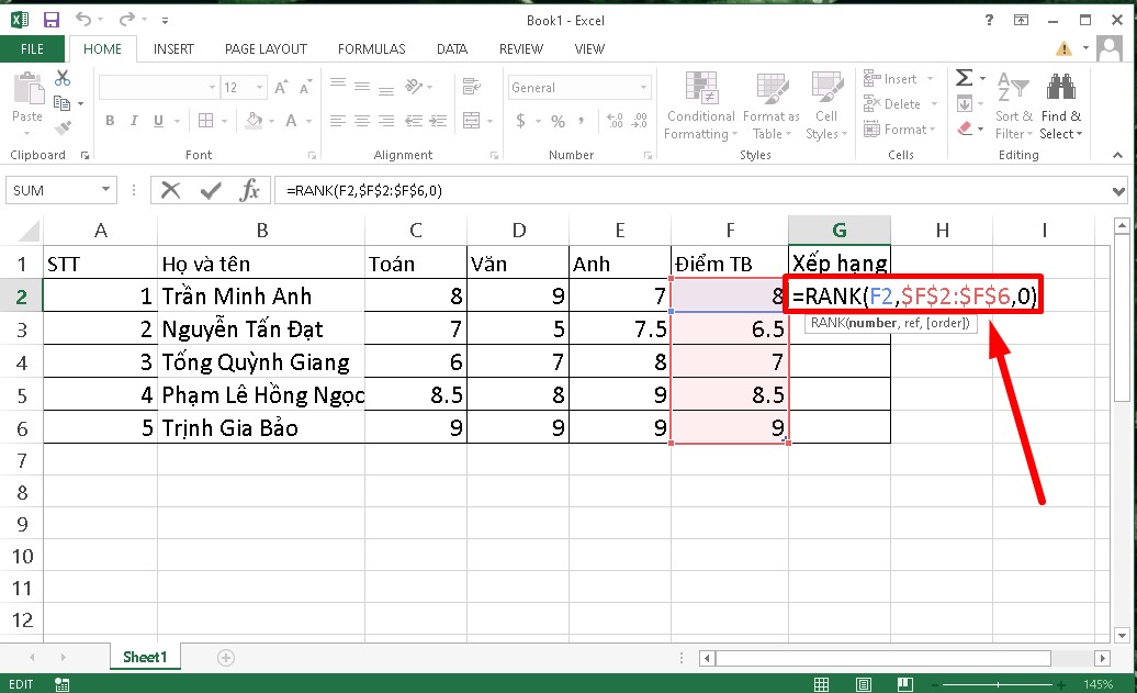 Sforum - Trang thông tin công nghệ mới nhất Ham-Rank-trong-Excel-buoc-1 Hướng dẫn sử dụng hàm Rank trong Excel để sắp xếp thứ hạng đơn giản 