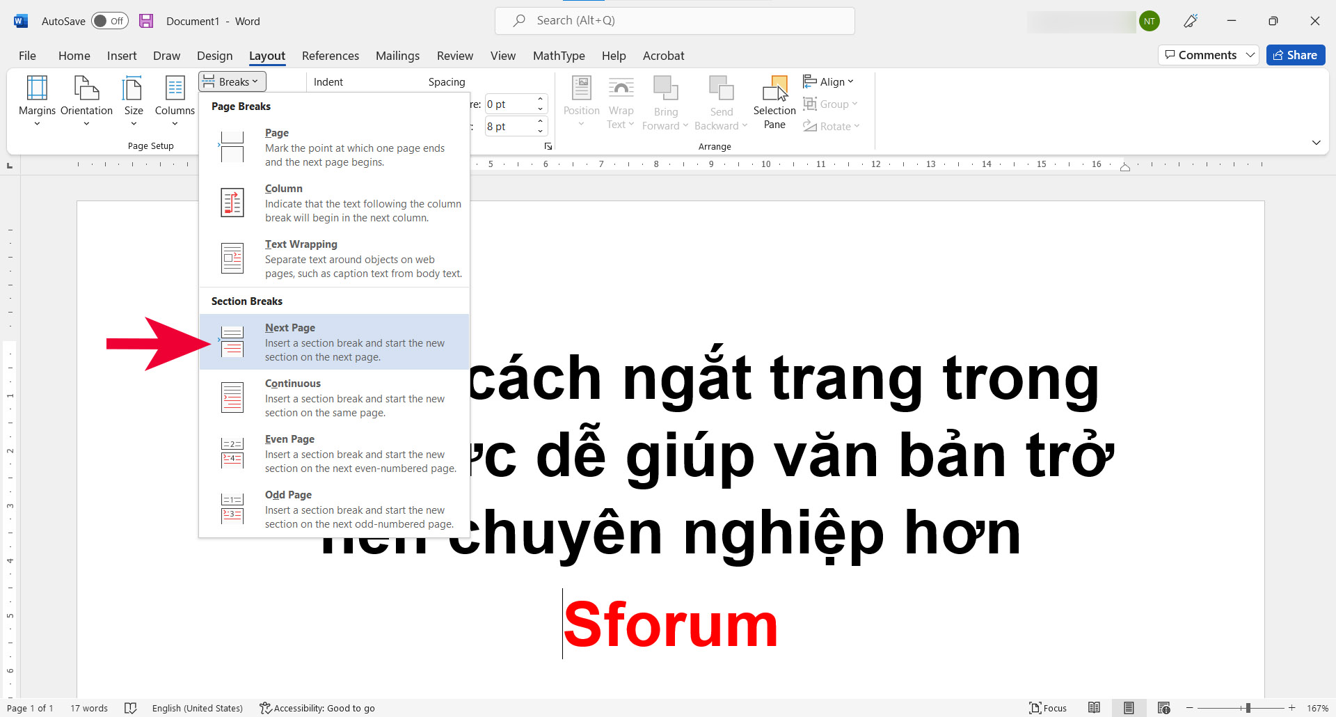 Sử dụng Section Breaks - bước 2