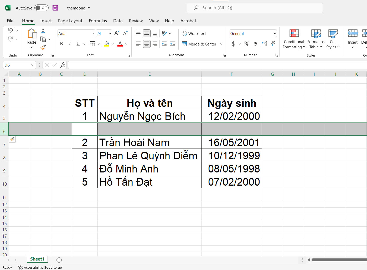 Hướng dẫn cách thêm hàng trong Excel bằng phím tắt - bước 2