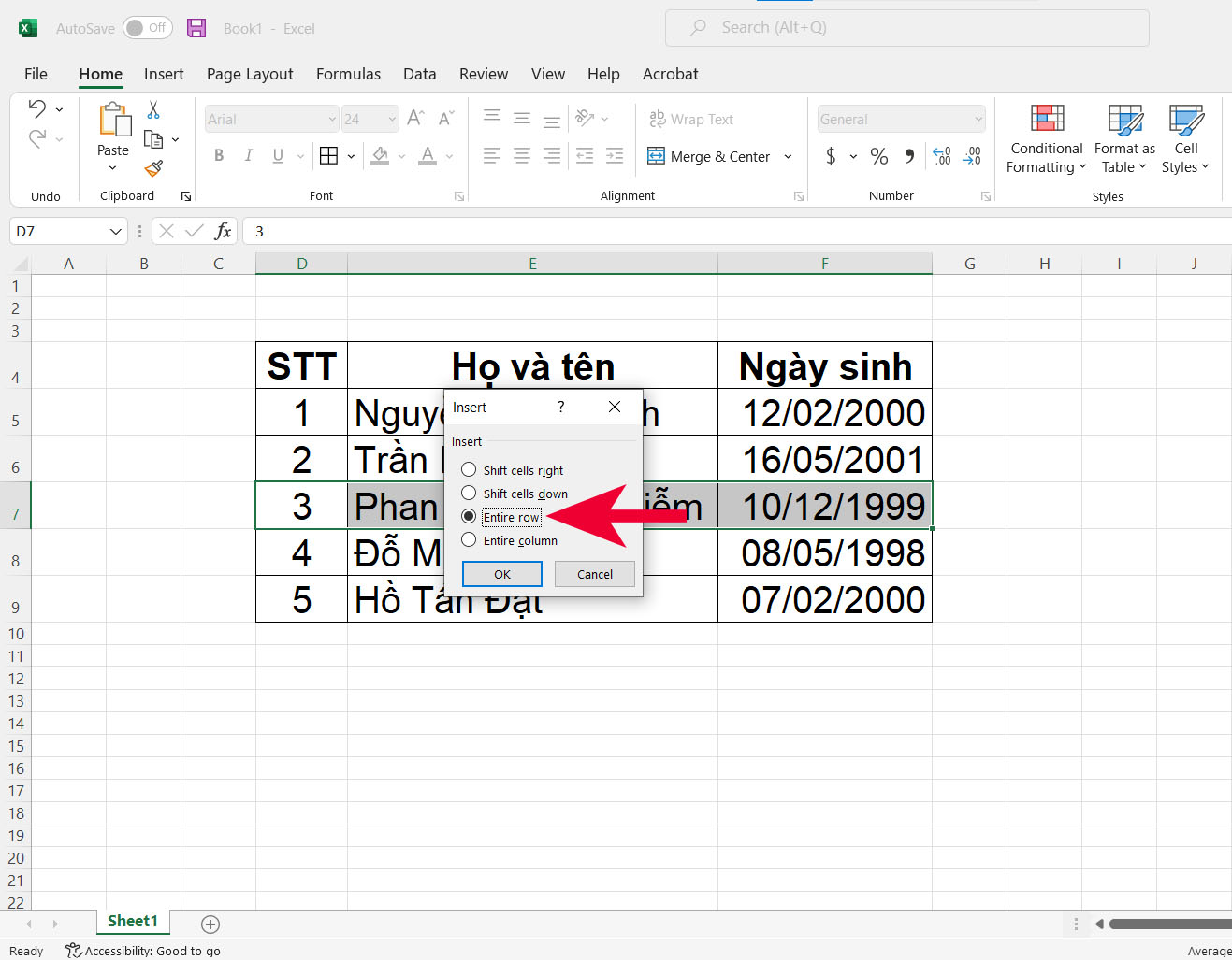 Cách thêm một hàng trong Excel - bước 2