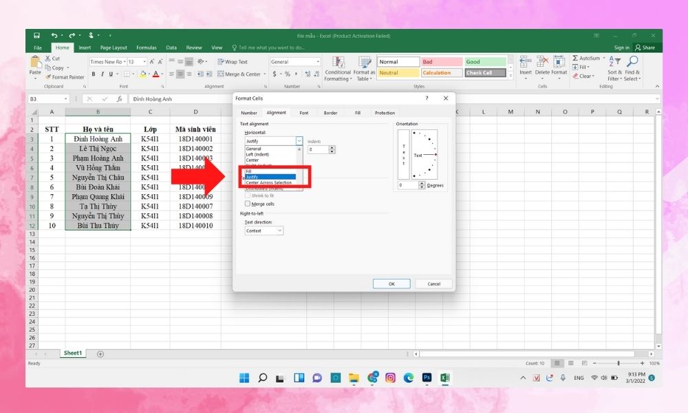 Cách xuống dòng trong Excel bằng Justify bước 3