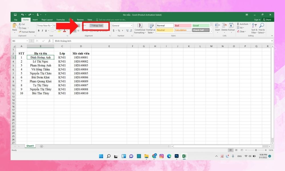 Cách xuống dòng trong Excel bằng Wrap Text bước 2