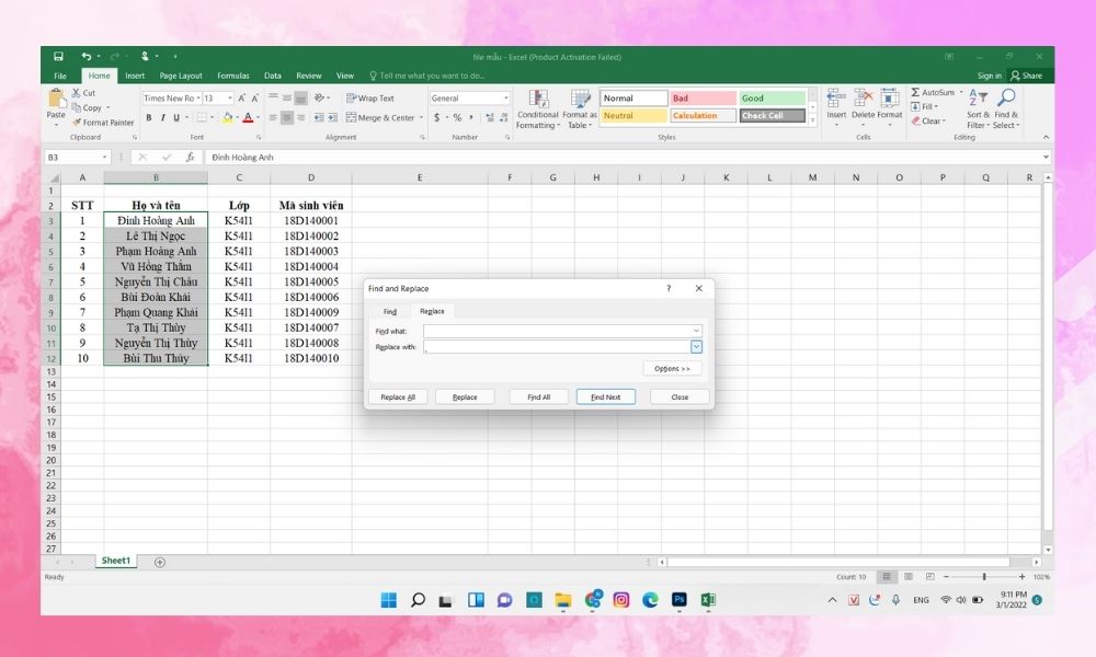 Cách xuống dòng trong Excel với Find & Replace bước 3